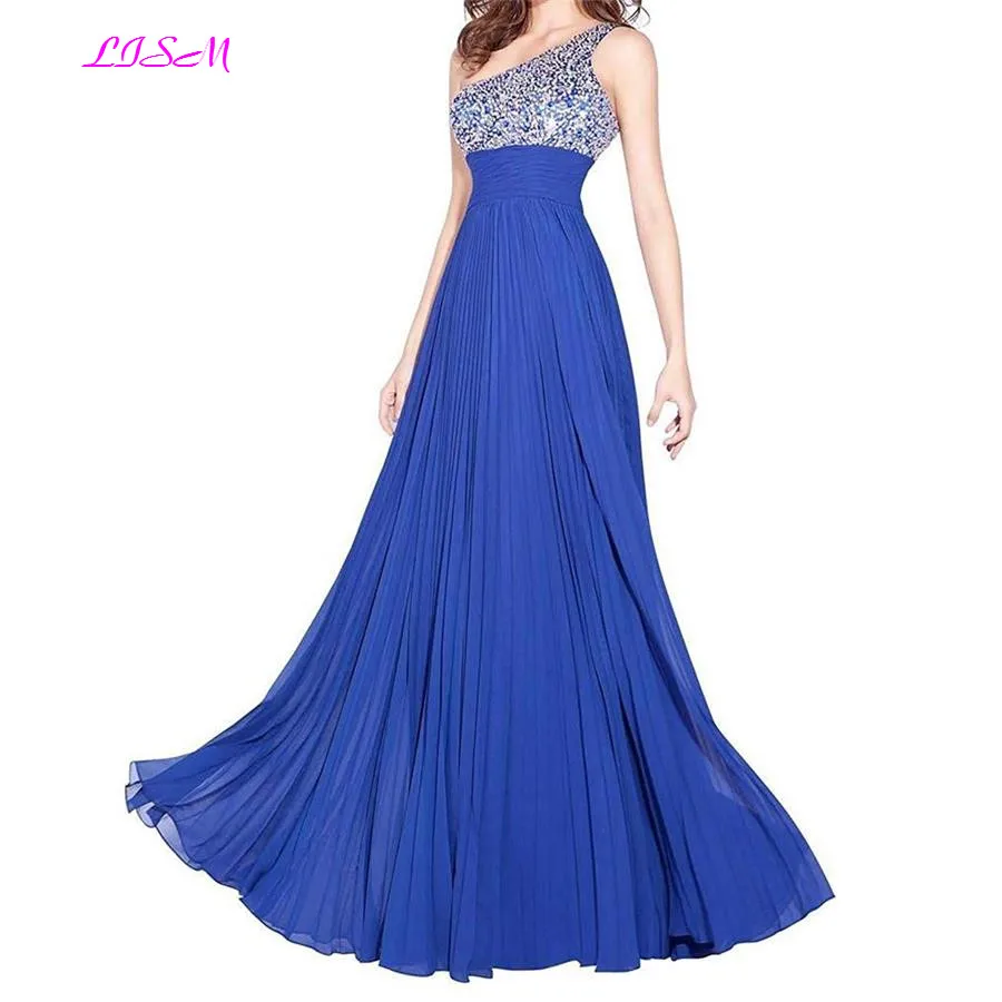 One Shoulder Crystals Chiffon Evening Dresses A-Line Empire Ruffled Prom Party Gowns Long Plus Size Formal Dress vestido festa One Shoulder Crystals Chiffon Evening Dresses A-Line Empire Ruffled Prom Party Gowns Long Plus Size Formal Dress vestido festa