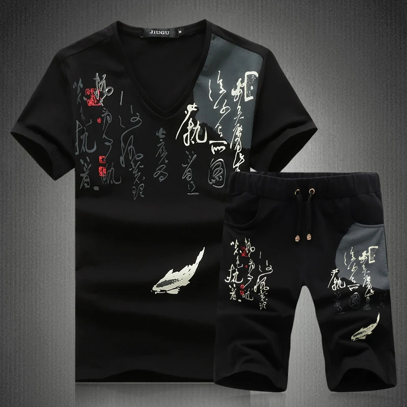  Summer Men tshirt Short Sleeve and Shorts Asian Size S - 5XL Mens Two-Piece set Cotton 95%