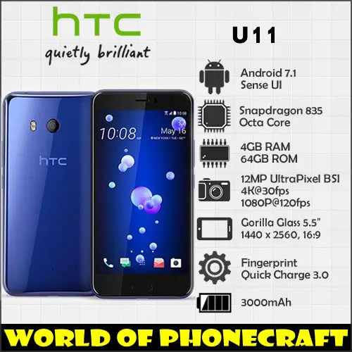 

HTC U11 Snapdragon 835 Octa Core 4GB RAM 64GB ROM 12MP Camera NFC Nano Single SIM Rapid Charger 3.0 smartphone