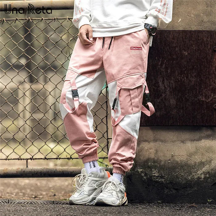Una Reta Man Pants New Fashion Streetwear Joggers Hip Hop Trousers Men casual Elastic Waist Buckle design Pink Cargo Pants Men - Цвет: Розовый