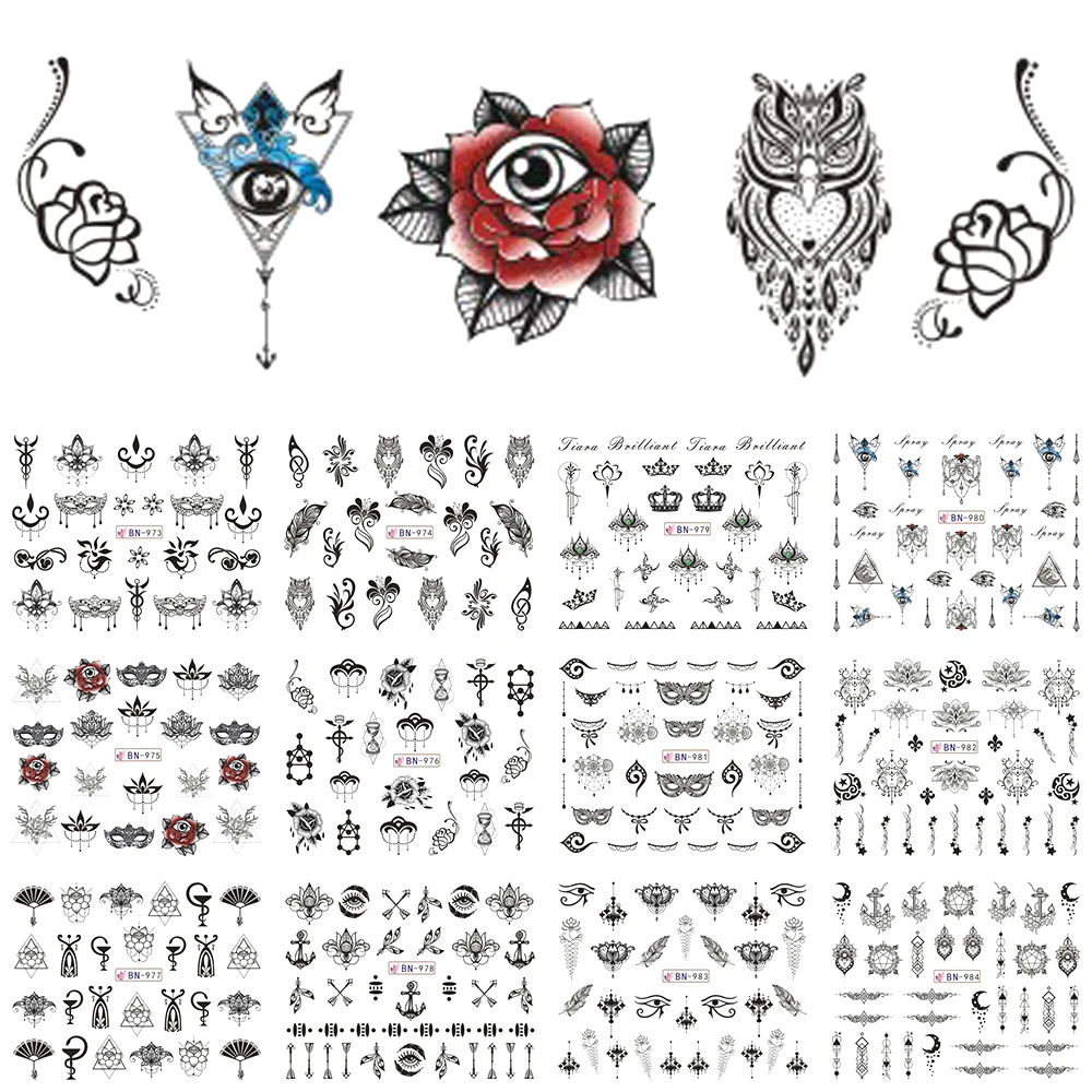12 Design Water Transfer Decals Nail Sticker Black Rose Necklace Feather Halloween Polish Slider Decoration Manicure TRBN973 984|Стикеры и