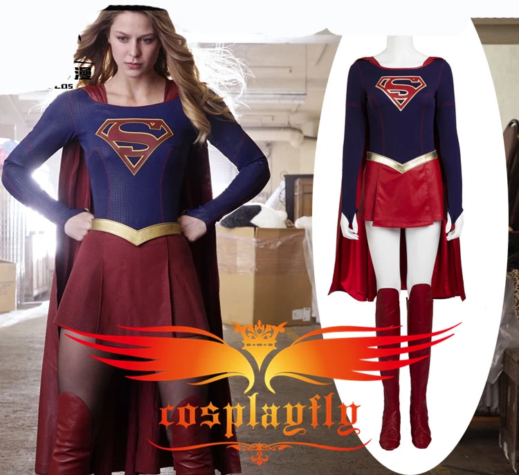 

TV Supergirl Kara Danvers Suit Super Girl Zor-El Dress Battleframe Cosplay Costume For Adult For Halloween Christmas+ Red Cape