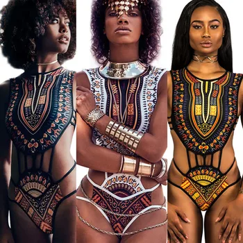 

New African Bikini Women One Piece Swimwear 2018 Bandage Halter Bathing Suit Floral Print Swimsuit High Waist Beachwear Biquini