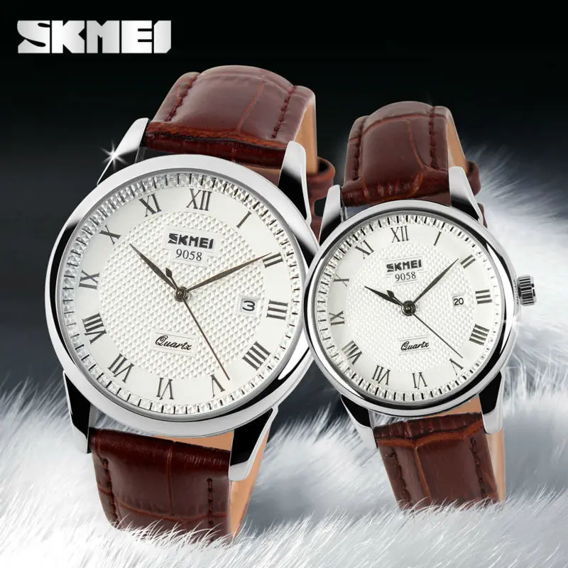 SKMEI 9058 Мужские кварцевые наручные часы модные женские с кожаным ремешком деловые