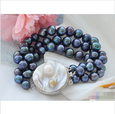 

P3917 3row 8" 9mm black round freshwater pearl bracelet @^Noble style Natural Fine jewe SHIPPING new >>free shipping
