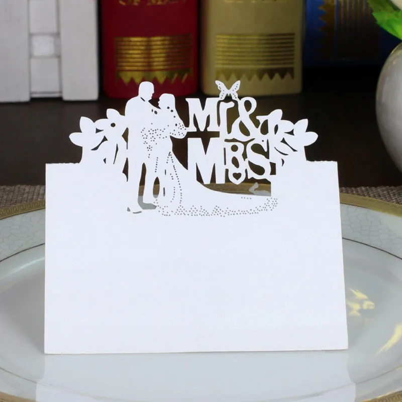 50pcs white bride and groom name place cards wedding chic