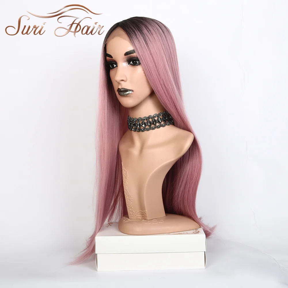 Suri 30inche Longo Sintético em Linha Reta Peruca Dianteira do Laço do Cabelo Rosa Ombre Raízes Negras de Fibra Resistente ao Calor Parte Lateral para Mulheres Cosplay 3 Perucas sintéticas