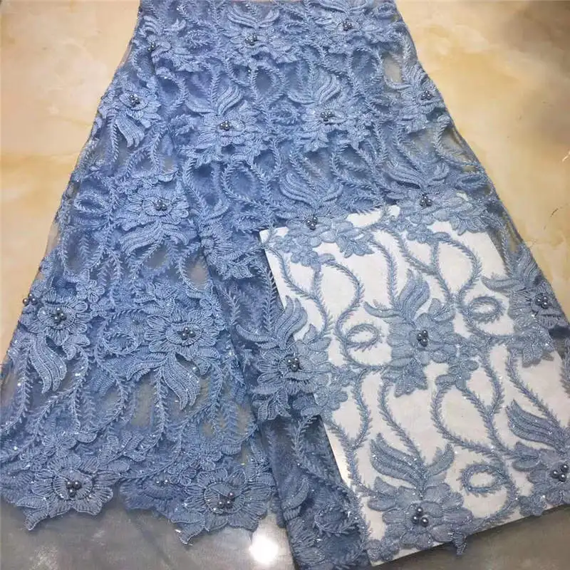 

New Hot sky blue Africa fine lace fabric high quality French pink beaded tulle lace fabric Y01 dubai royal apparel