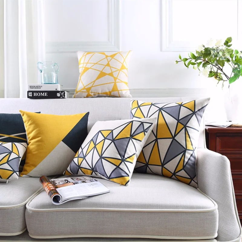 

Yellow Geometric Linen Cushion Cover Plain Printed Sofa Car Chair Pillow Case Home Decor