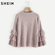 SHEIN Pearl Beaded Layered Ruffle Sleeve Loose Jumper Pink Crew Neck Long Sleeve Cute Women Sweaters and Pullovers