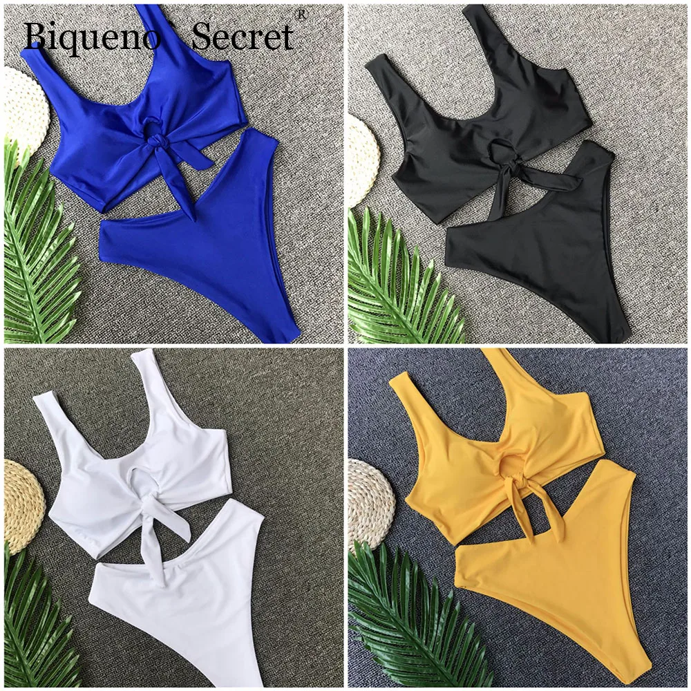 

Blue Yellow Tie Front Swimsuit High Waist Bikini Biquini 2018 Push Up Swimwear Monokini Plus Size Sport Swim Suit Bathing Suit