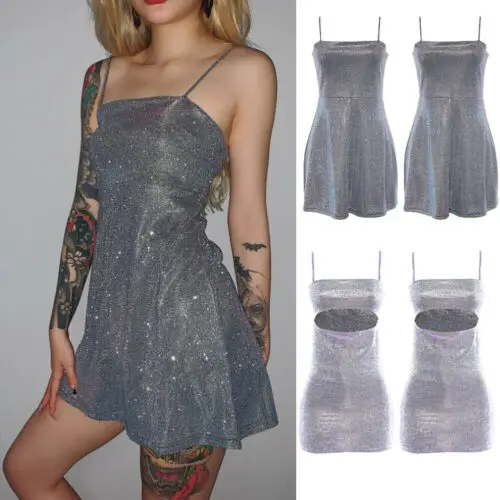 

Women Sexy Shining Sleeveless Bodycon Evening Party Club Mini Hip Spaghetti Strap Dress