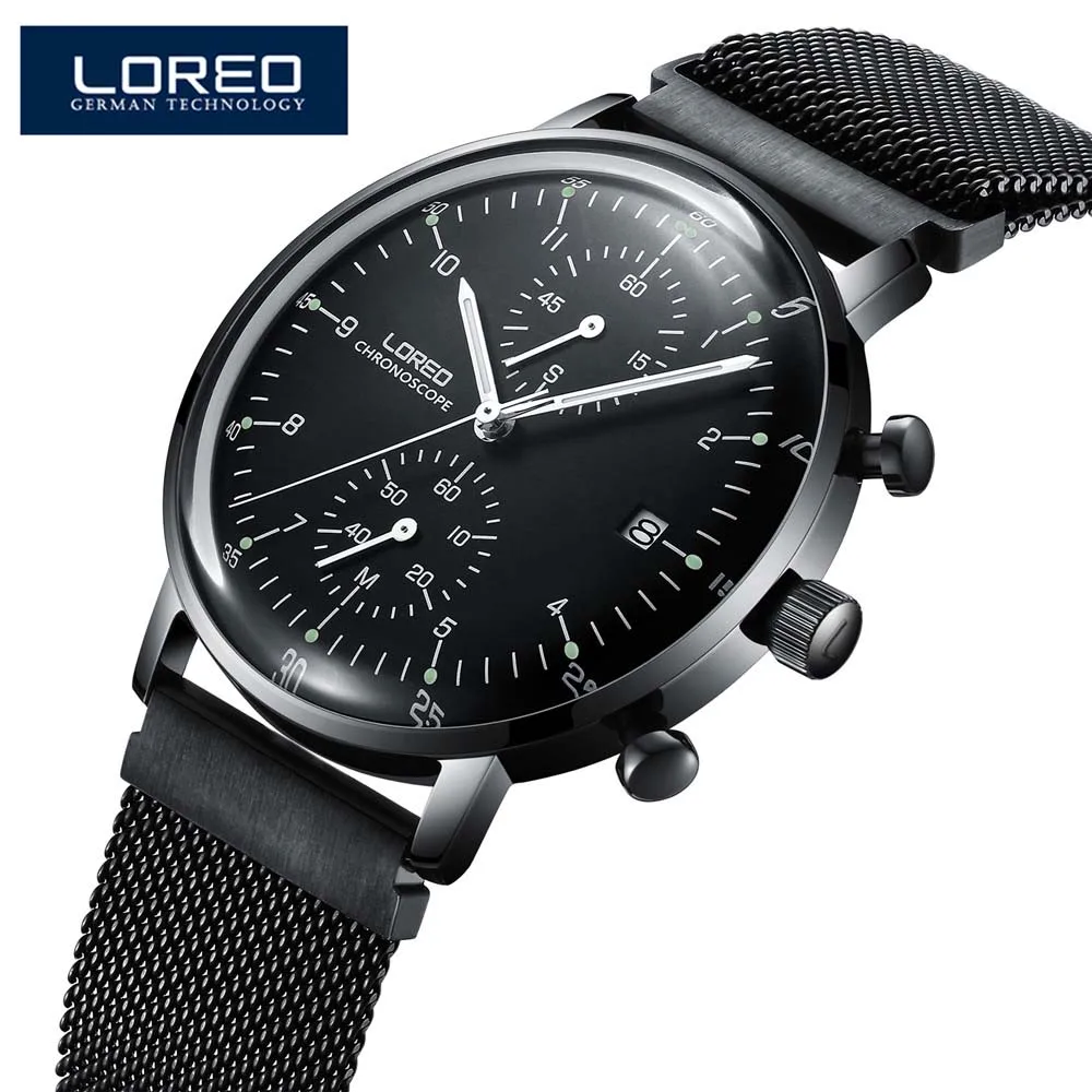 

LOREO Mens Watches Top Brand Luxury Sapphire Quartz Fashion Men Watch Black Mesh Strap Casual Sport Male Relogio Masculino 2018