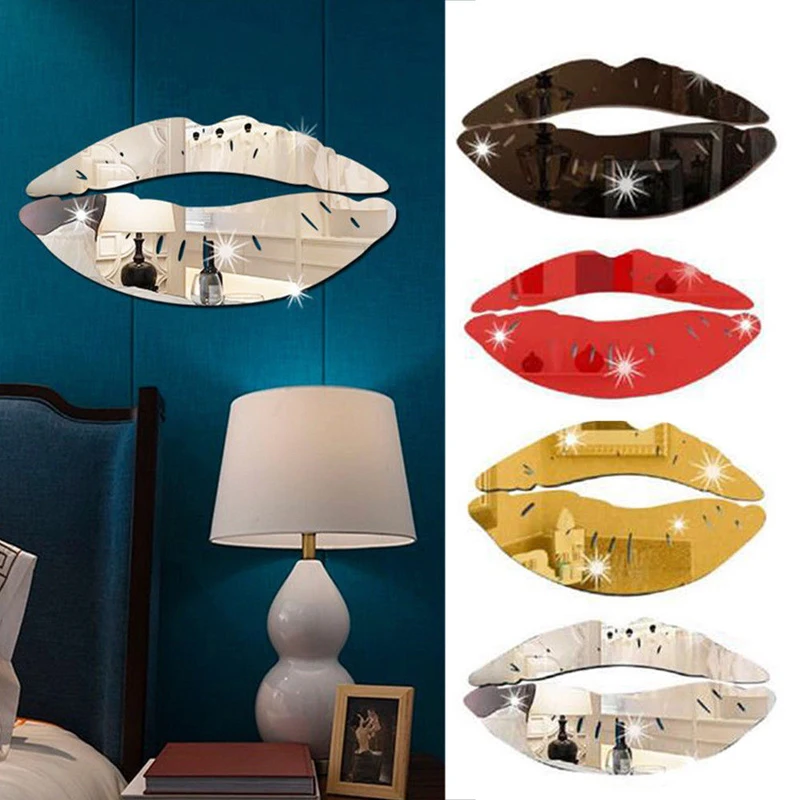 3D Silver/Gold/Red/Black Mirror Kiss Lips Wall Sticker DIY Acrylic Art Home Room Decor Decals Stickers Supplies