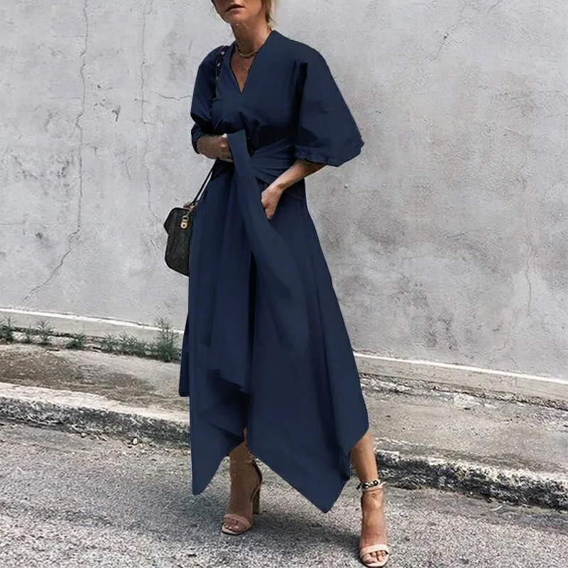 Сексуальное асимметричное платье с v образным вырезом женское расклешенным