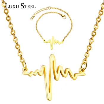 

LUXUSTEEL Nurse Accessories Gold Color Heart Beat Pendant Necklace Earrings Brinco Party Stainless Steel Chains Jewelry Sets