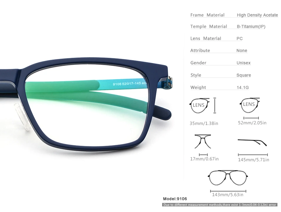 Ацетат B титановая оправа для очков для мужчин, высокое качество, квадратные оптические оправы для близорукости, оправы для очков по рецепту, Безвинтовые очки 9106