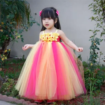 

Lovely Rainbow Tutu Dress Girls Kids Flower Girl Dresses Tulle Princess Dress Costumes Children Party Birthday Wedding Gowns