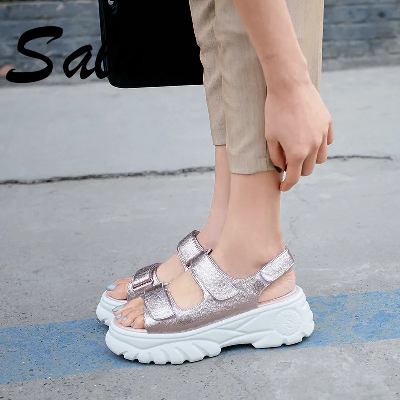 Женские кожаные босоножки Salu розовые/Серебристые вечерние на платформе с
