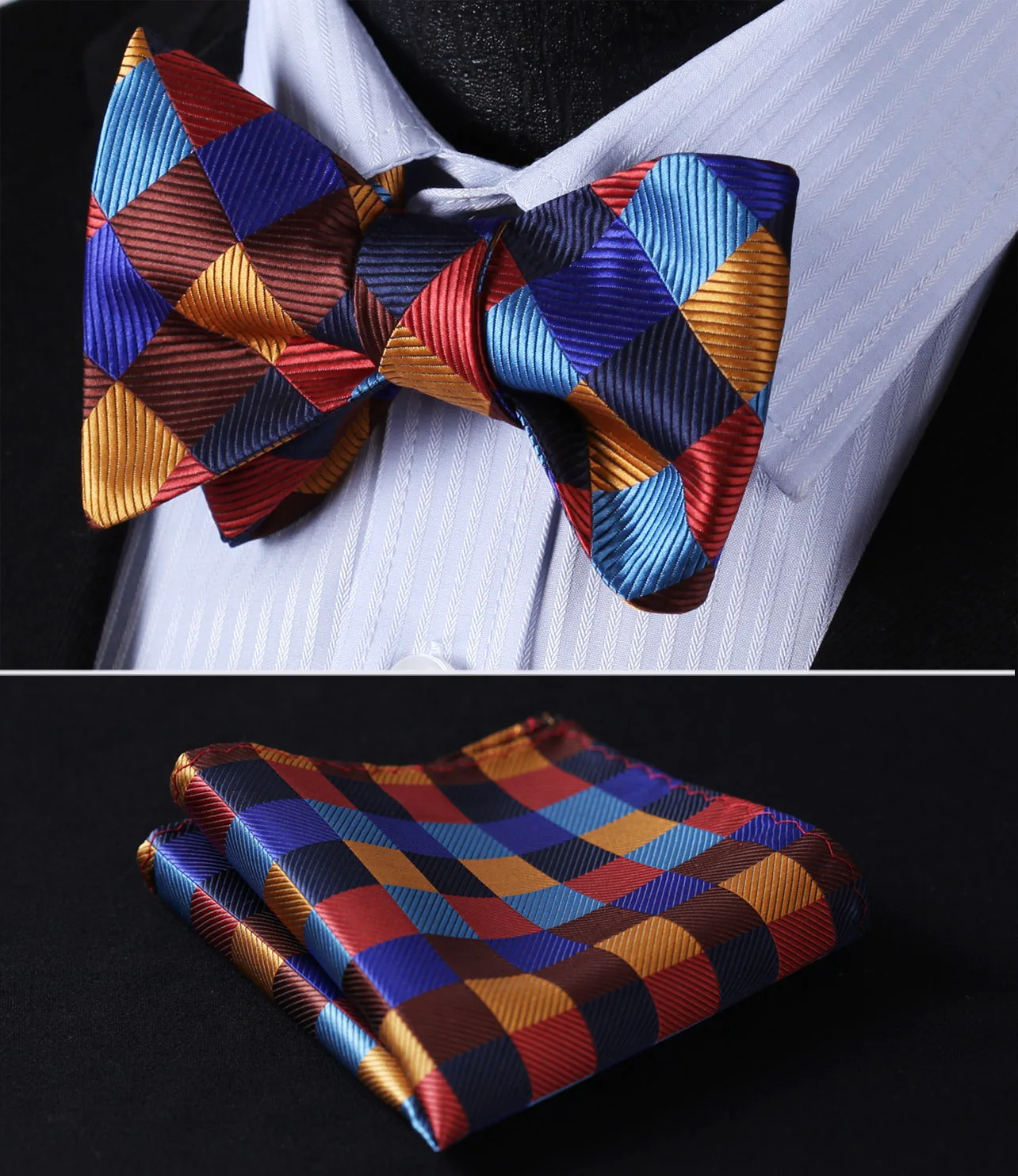 

BC703NS Orange Blue Check Bowtie Men Silk Self Bow Tie handkerchief set