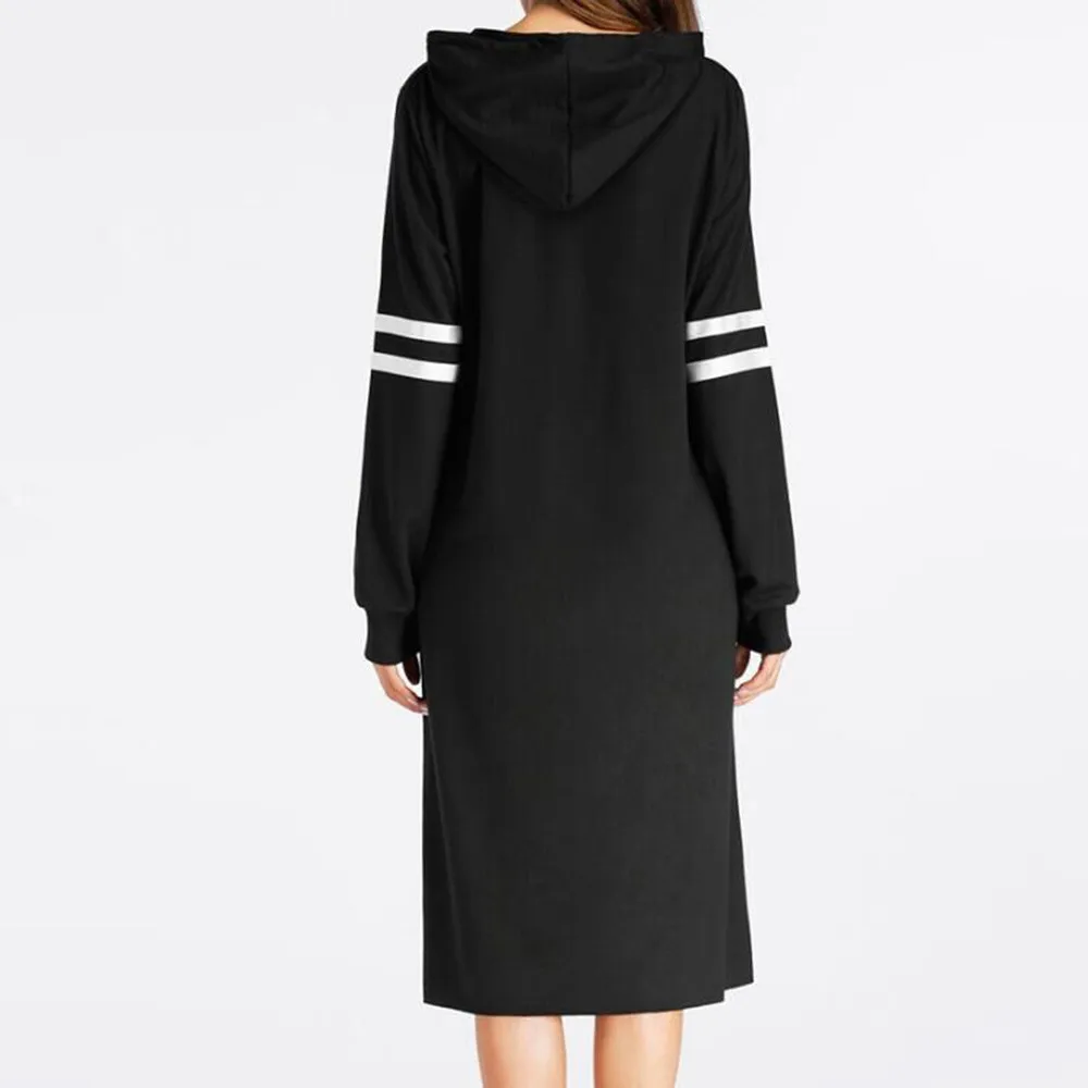Hip Hip Womens Black Hoodie Pullover Dress Spring Autumn Ladies Fashion Striped Patchwork Long Sleeve Casual Loose Dresses #YL1