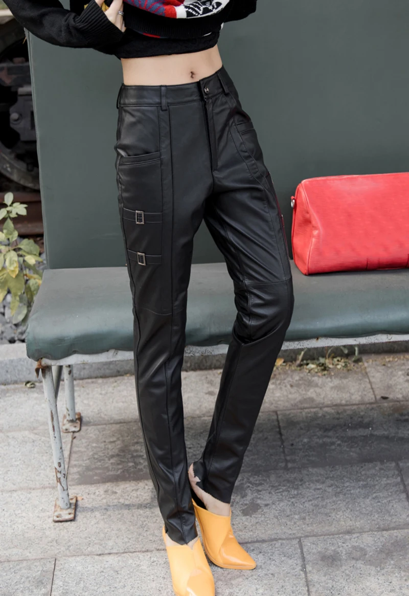 New Plus Size S-4XL Women Slim Real Leather Pants Buckle Quality Cowhide Motorcycle Trousers High Waist Full Length Pencil Pants