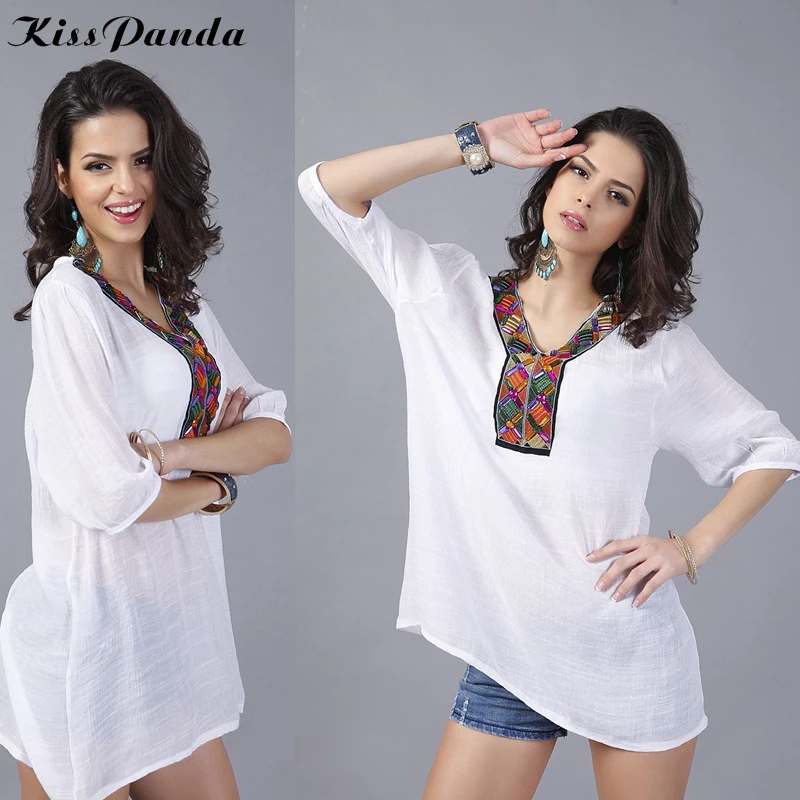 2017 venta caliente de las mujeres de la vendimia playa blusa media manga floja rebordear con cuello en v camisetas juveniles de verano de corea de blusa tops|korean blouse|blouses topsbeach