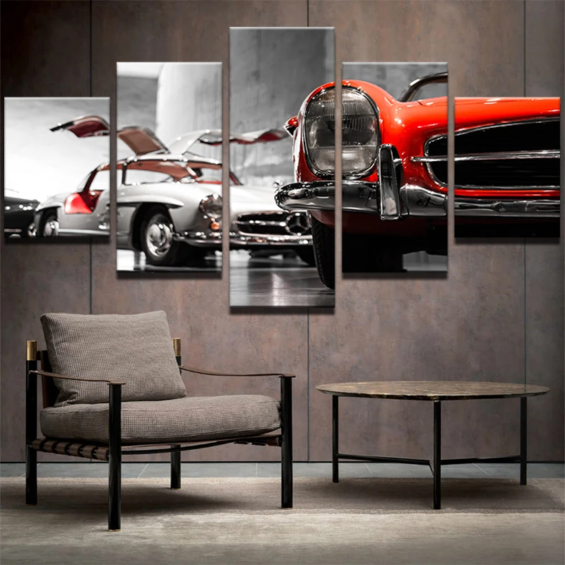 Embelish 5 Panels Red Sports Car Modern Wall Art Pictures For Living