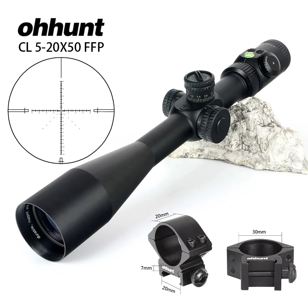 Ohhunt CL 5-20X50 FFP первый фокальный самолет охотничий прицел боковой Параллакс стекло гравированное сетка замок сброс область с пузырьковым уровнем - Цвет: with Picatinny Rings