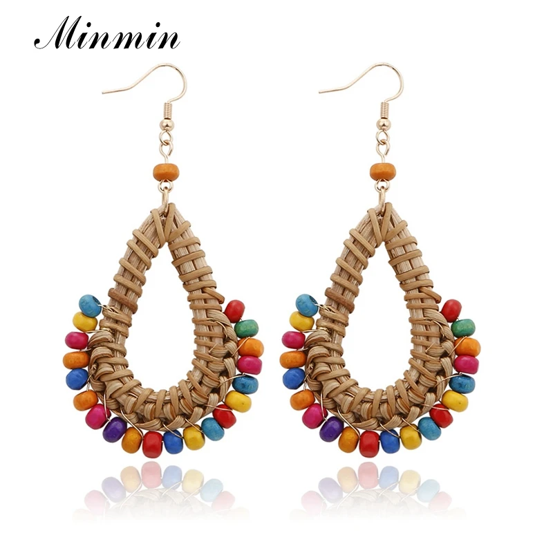 

Minmin Rattan Knit Earrings for Girls Colorful Wood Beads Handmade Braid Drop Hook Earrings Statement Geometric Earrings EH1619