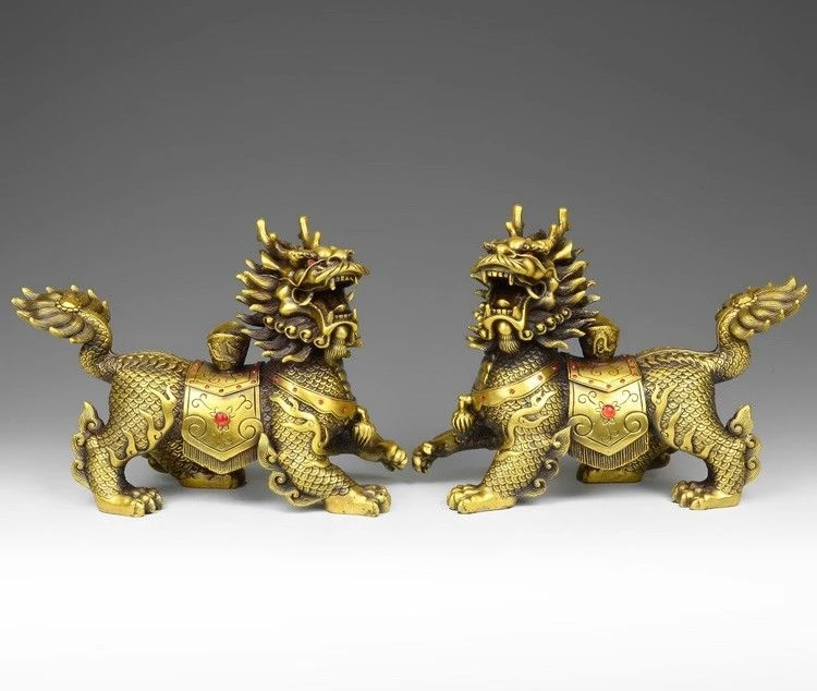 

China Pure Brass Fengshui Yuanbao Dragon Kirin Unicorn kylin Chi Lin Statue Pair