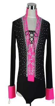 

Black pink Rhinestone Men ballroom Latin body shirt rhinestone long sleeve with cord