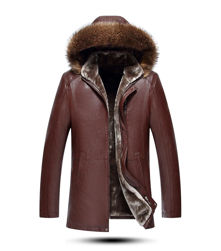 Новая длинная плотная теплая куртка Cuir Homme высокого качества с воротником из натурального меха мужские зимние кожаные куртки