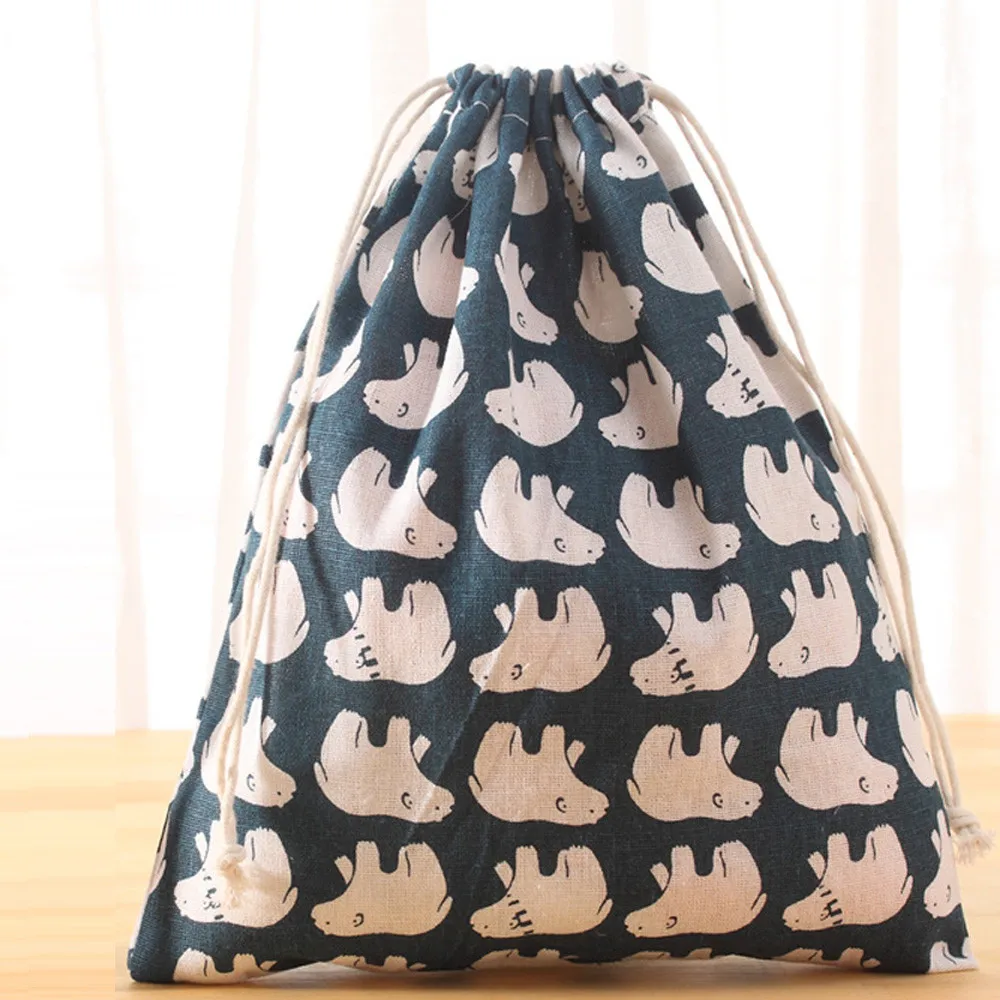 Cotton Hemp Drawstring bags Blue Printing Bear Bags Backpack For School