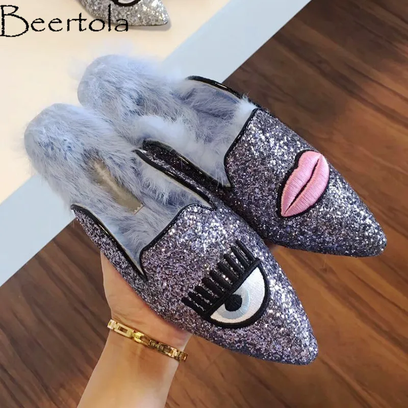 

Beertola Big Eyes Mouth Slippers Woman Embroider Pointed Toe Cozy Home Ladies Shoes Soft Fur Zapatos Mujer Sequined Shiny Shoes