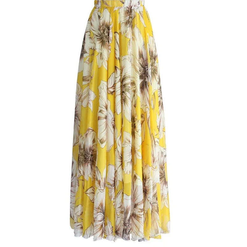 

Fashion ladies summer new casual beach party skirt Floral Print Chiffon Long Maxi Skirt BOHO