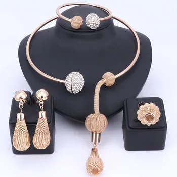 

Charm Dubai Gold Color Crystal Jewelry Sets For Women African Pendant Necklace Earrings Bangle Rings Party Dress Accessories