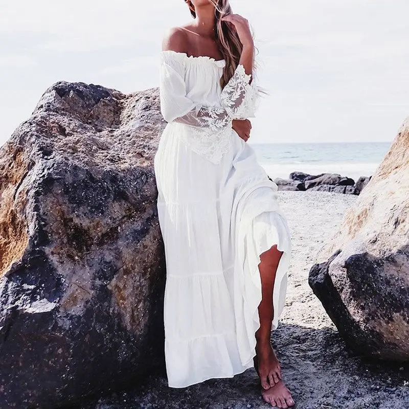 

Women Sexy Lace Patchwork Maxi Long Dress 2018 Slash Neck Off Shoulder Flare Sleeve Beach Party White Dresses Robe Vestidos