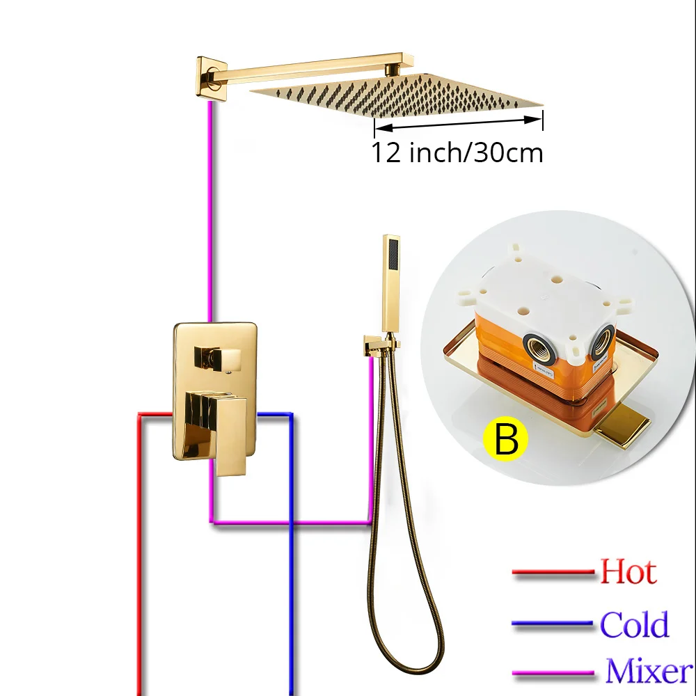 Смесители для ванны золотой для ванны дождь Душ настенный скрытый смеситель для ванной комнаты душевой набор смеситель черный смеситель Набор кран FS-138899 - Цвет: 12inch Gold Color B