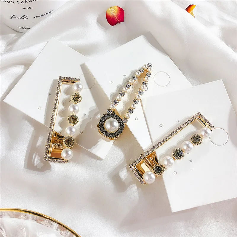

2019 New Geometric Hollow Square Water Drop Crystal Hairpins For Women Fashion Hair Accessories Imitation Pearl Hairgrips Gifts