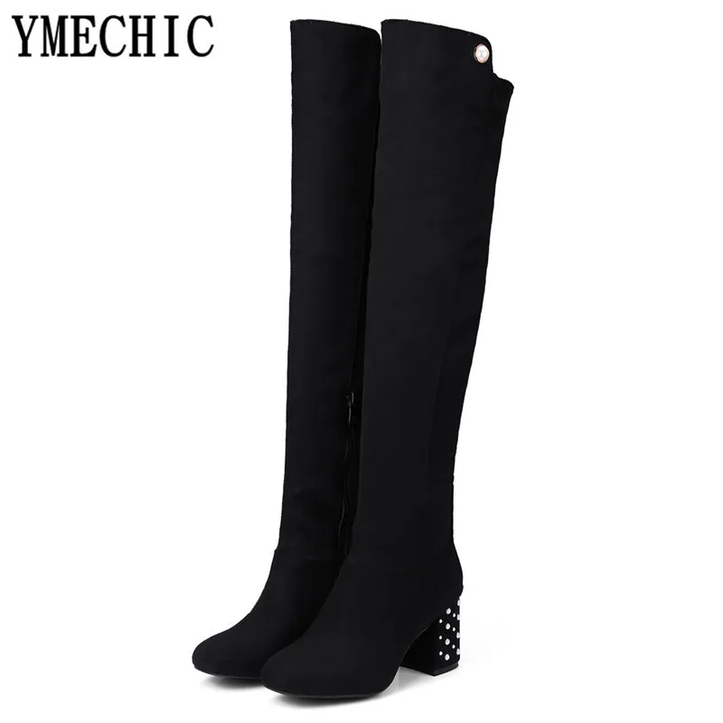 Женские ботфорты с бусинами YMECHIC высокие рыцарские сапоги на блочном высоком
