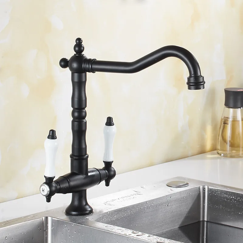 

Kitchen Sink Faucets Brass Mixer Tap Hot & Cold Dual Handle Black/Gold/Antique/Chrome Rotating Spout Deck Mounted Water Crane