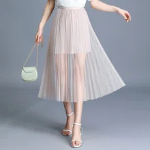 1628 летняя миди плиссированная юбка для женщин, Повседневная офисная миди юбка с высокой талией, корейская мода, Тюлевая юбка для взрослых, двухслойная