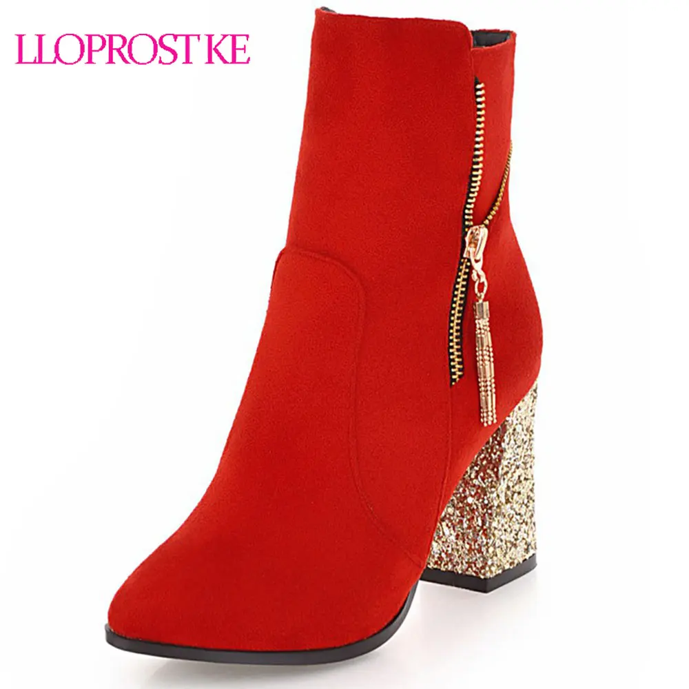 

Lloprost ke pointed toe short plush warm autumn winter boots simple zipper fashion ankle boots for women black red beige D220