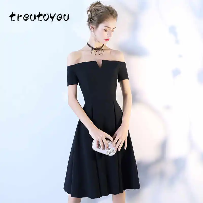 

Treutoyeu 2018 New Dress Women Off Shoulder Elegant Dress Sexy A-Line Solid Evening Short Sleeve Black Red Dresses Party D020