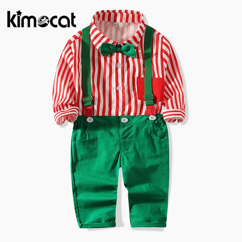 

Kimocat Boys Clothing Set 2pcs Shirt+Overalls Red Festive Christmas Costume Spring Autumn Long Sleeve Handsome Baby Boy Clothes