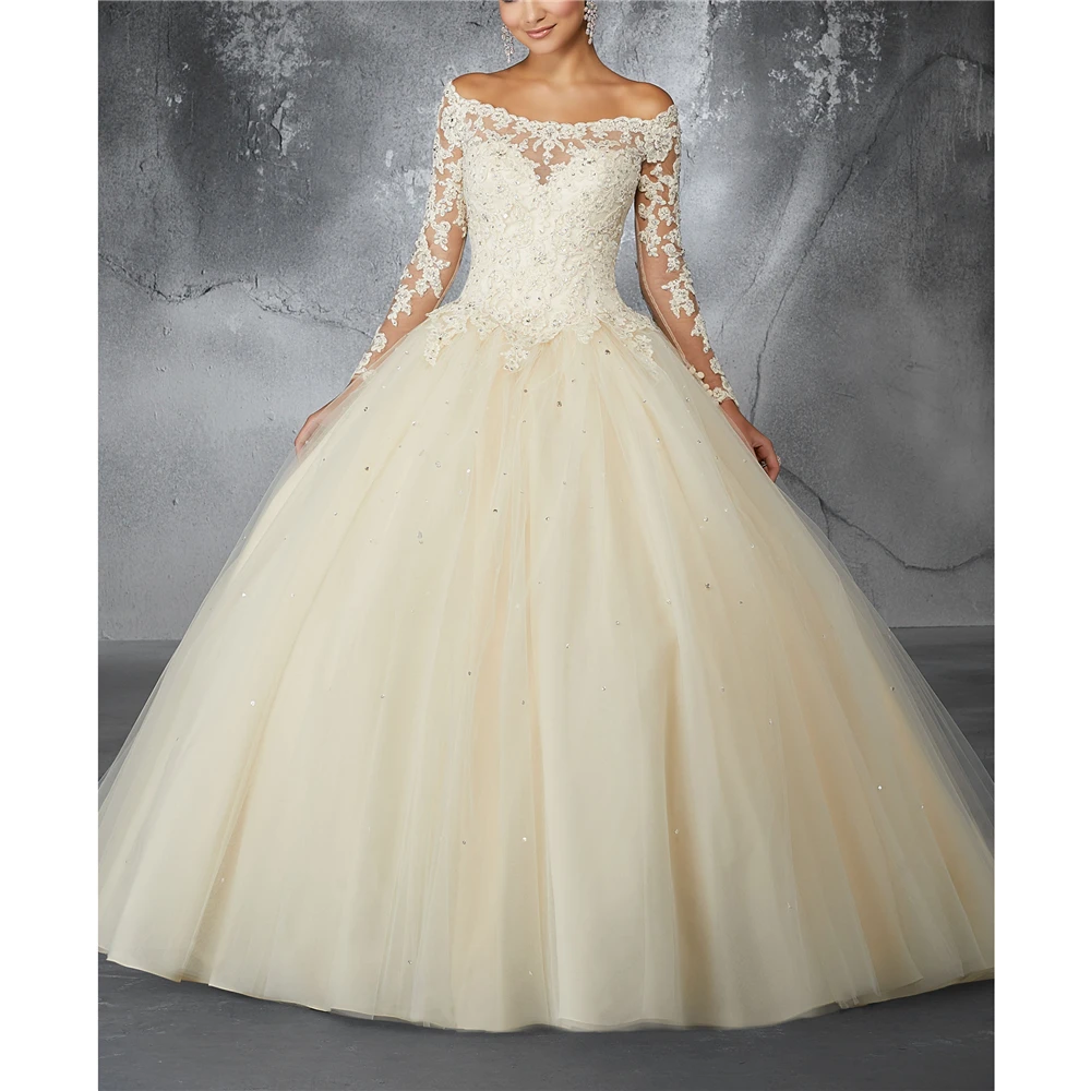 Элегантный с открытыми плечами Длинные рукава тюль vestidos quinceanera S vestidos de 15 anos Бальные платья