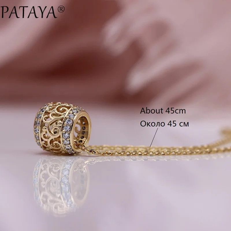 PATAYA New Round Long Necklaces Micro-wax Inlay Natural Zircon Luxury Hollow Pendants 585 Rose Gold Women Fine Fashion Jewelry
