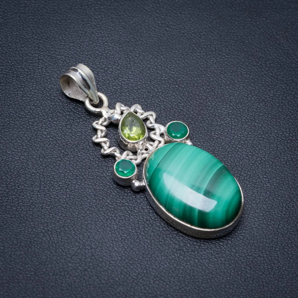 

Natural Malachite,Peridot and Chrysoprase Punk Style 925 Sterling Silver Pendant 2" S1232