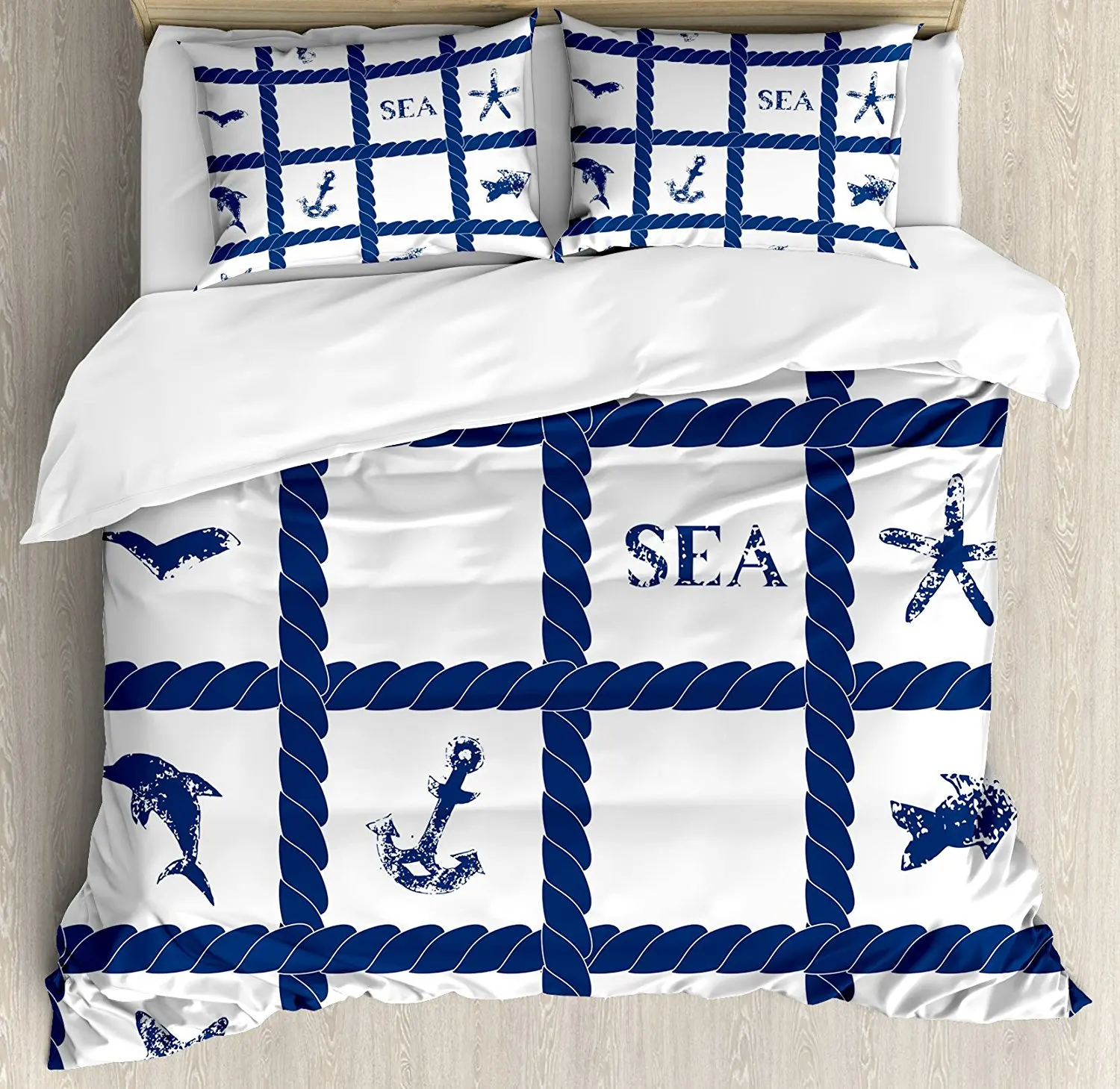 

Navy Blue Decor Duvet Cover Set Navy Yacht Rope used as Frame with Starfish Fish and Anchor Image, 4 Piece Bedding Set